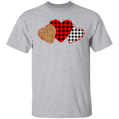 Three Hearts Leopard Buffalo Plaid Valentine's Day-T-Shirt & Hoodie-Classic T-Shirt-Sport Grey