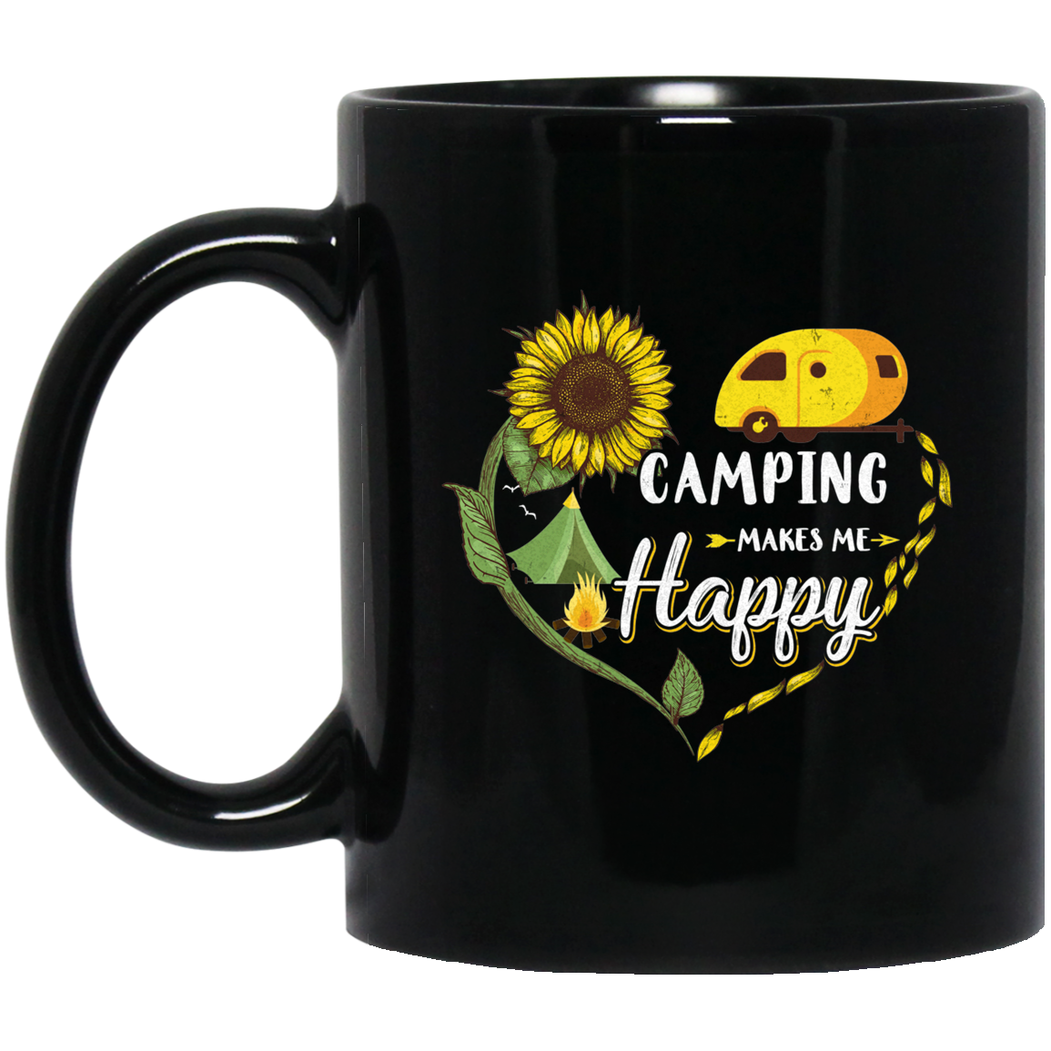 Camping Makes Me Happy Funny Sunflower Camping Lover Mug-Coffee Mug-BM11OZ 11 oz. Black Mug-Black
