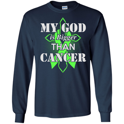 My God Is Bigger Than Cancer Green Awareness Ribbon-T-Shirt & Hoodie-Long Sleeve T-Shirt-Navy