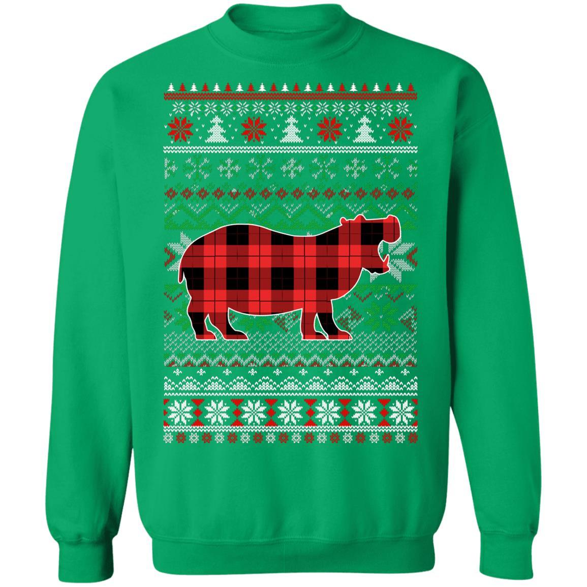 Hippo Red Plaid Ugly Christmas Sweater Funny Gifts-T-Shirt & Sweatshirt-Crewneck Sweatshirt-Irish Green