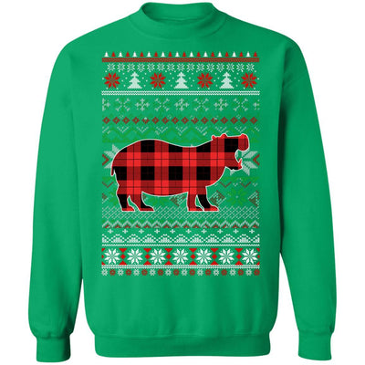 Hippo Red Plaid Ugly Christmas Sweater Funny Gifts-T-Shirt & Sweatshirt-Crewneck Sweatshirt-Irish Green