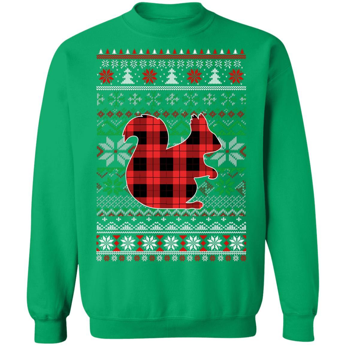 Squirrel Red Plaid Ugly Christmas Sweater Funny Gifts-T-Shirt & Sweatshirt-Crewneck Sweatshirt-Irish Green