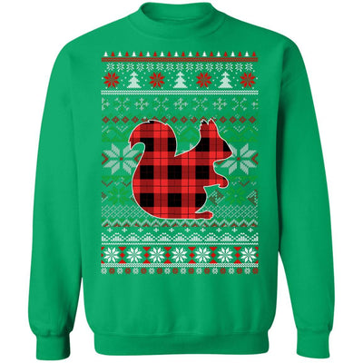 Squirrel Red Plaid Ugly Christmas Sweater Funny Gifts-T-Shirt & Sweatshirt-Crewneck Sweatshirt-Irish Green