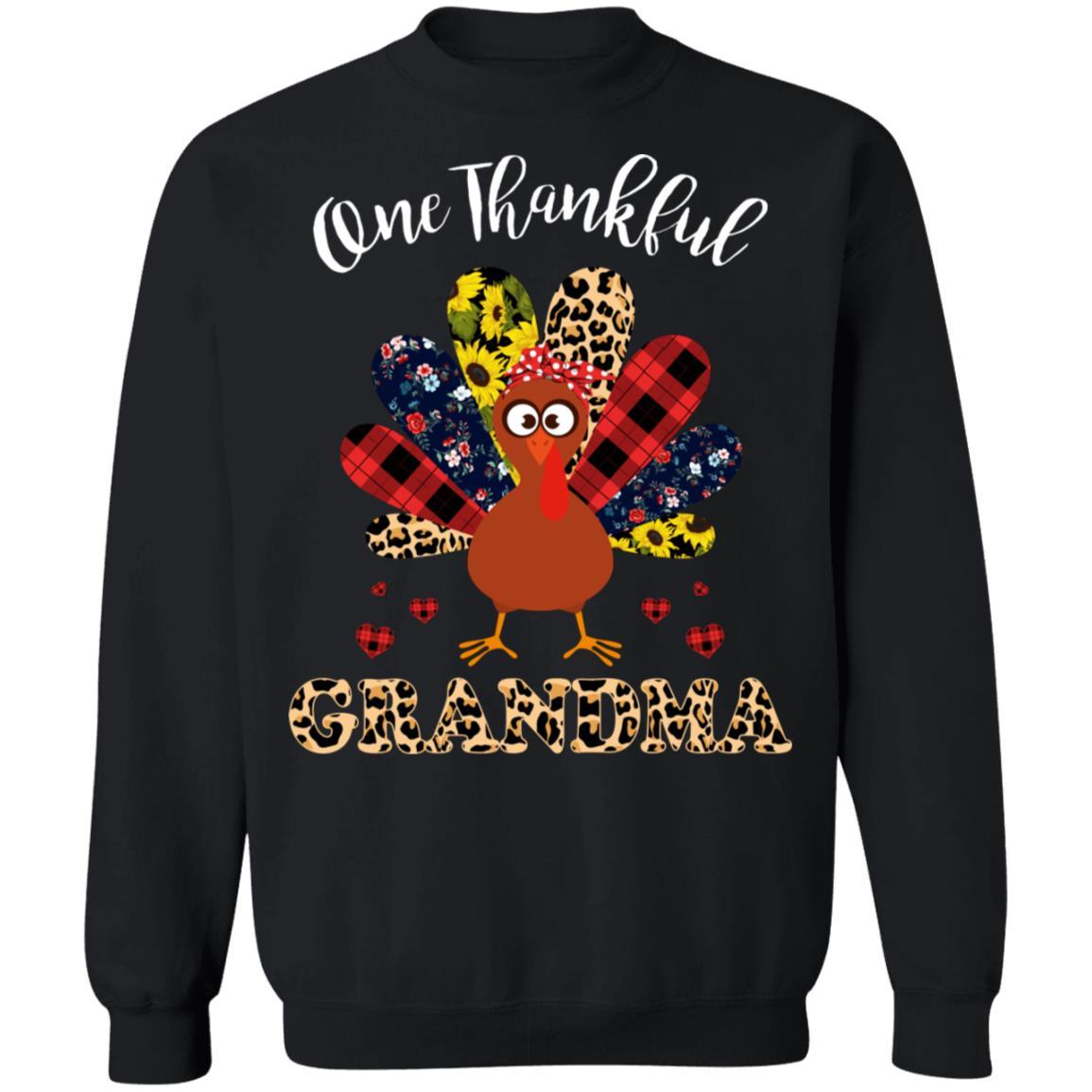 One Thankful Grandma Leopard Turkey Thanksgiving Gift-T-Shirt & Sweatshirt-Crewneck Sweatshirt-Black