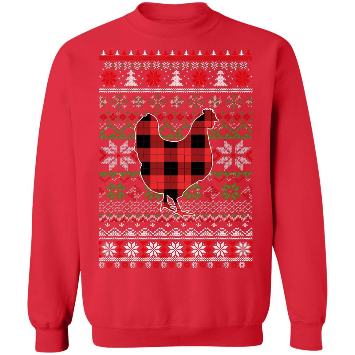 Chicken Red Plaid Ugly Christmas Sweater Funny Gifts-T-Shirt & Sweatshirt-Crewneck Sweatshirt-Red