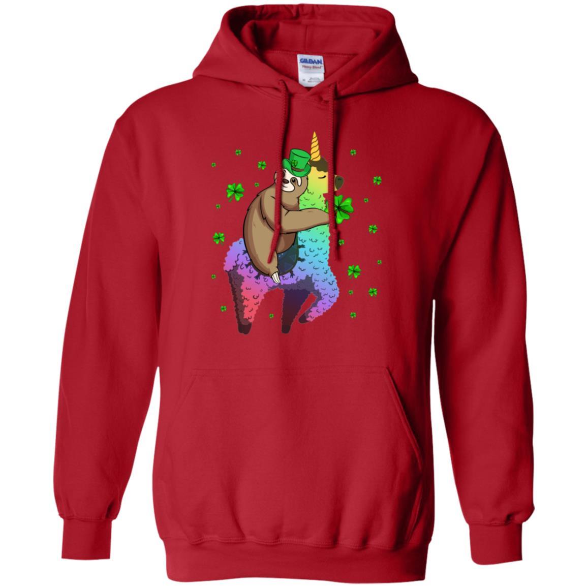Leprechaun Sloth Riding Llama Unicorn St Patricks Day-T-Shirt & Hoodie-Pullover Hoodie-Red