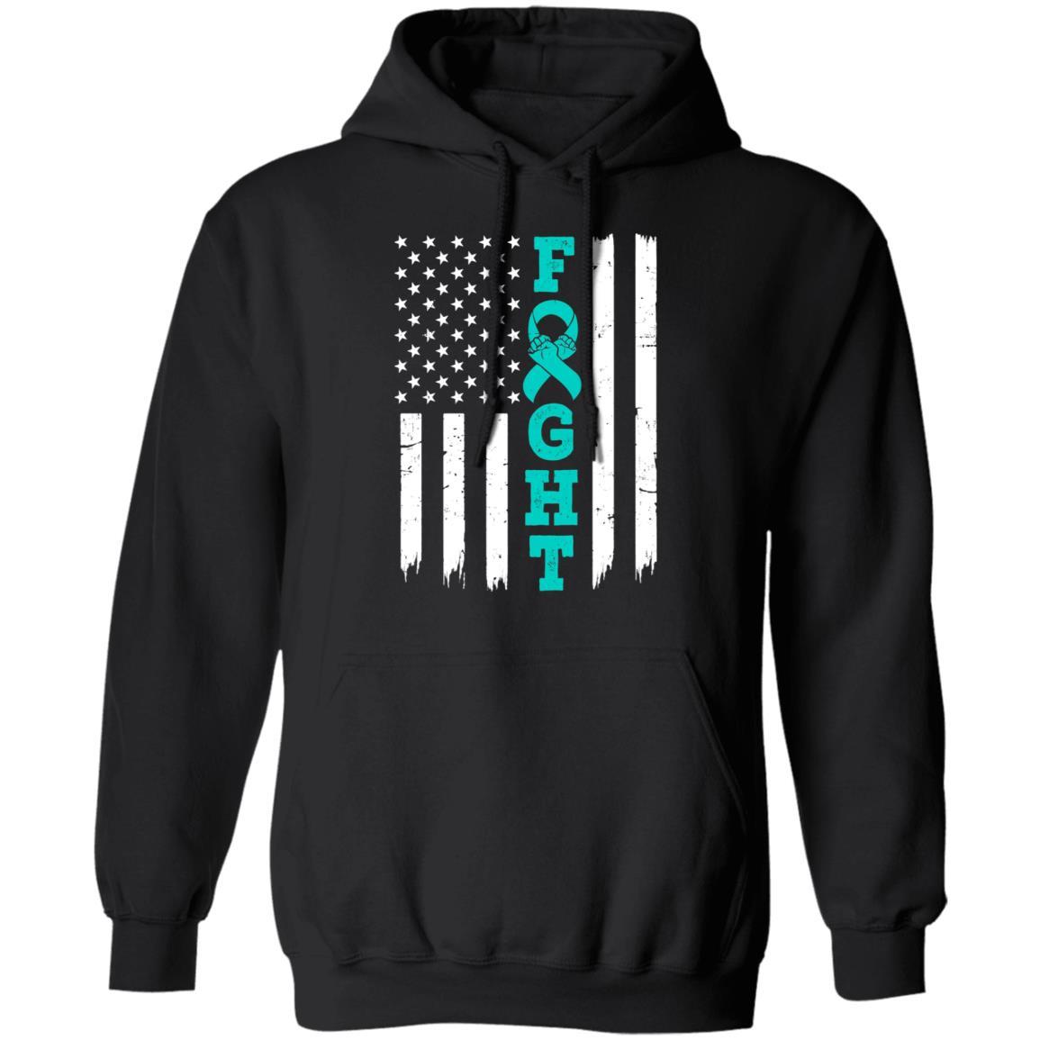 Ovarian Cancer Awareness American Flag Distressed-T-Shirt & Hoodie-Pullover Hoodie-Black
