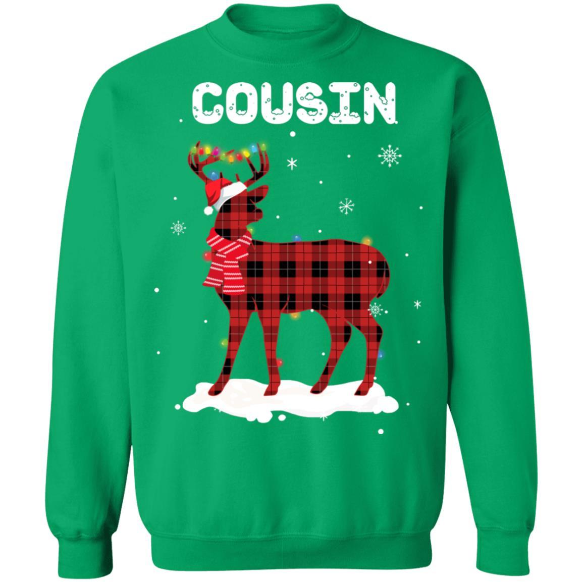 Cousin Deer Red Plaid Christmas Family Matching Pajamas-T-Shirt & Sweatshirt-Crewneck Sweatshirt-Irish Green
