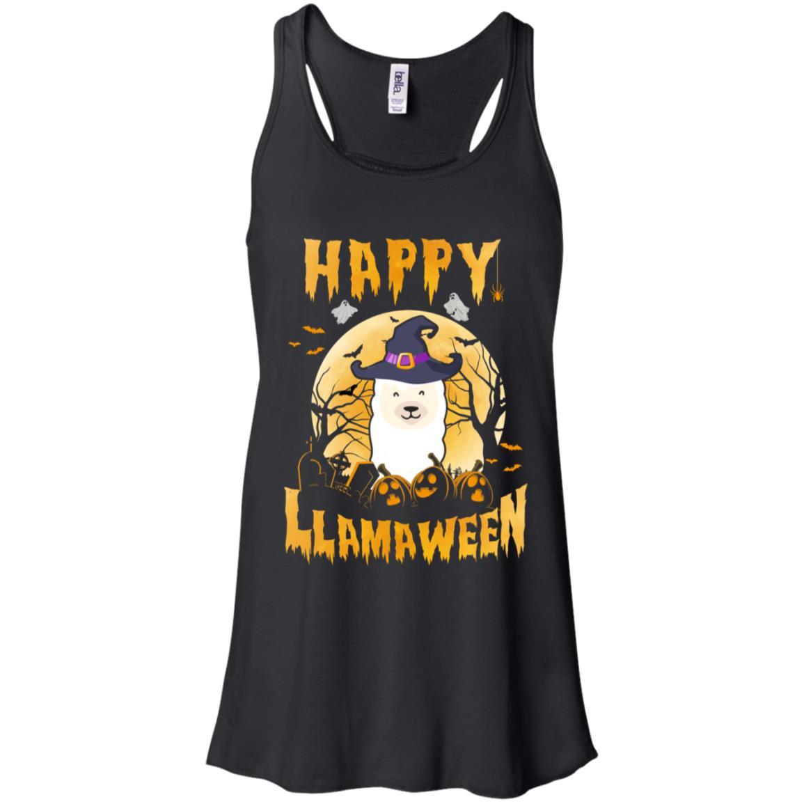 Halloween Llama Witch Costume Happy Llamaween-T-Shirt & Tank Top-Women's Flowy Racerback Tank-Black