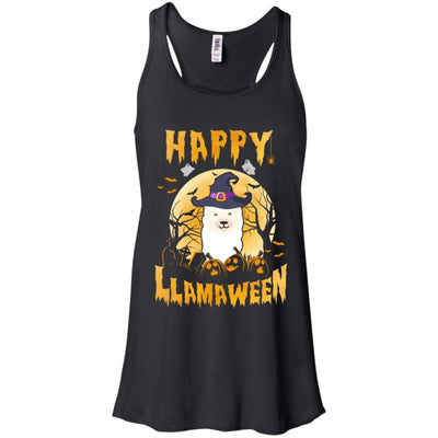 Halloween Llama Witch Costume Happy Llamaween-T-Shirt & Tank Top-Women's Flowy Racerback Tank-Black