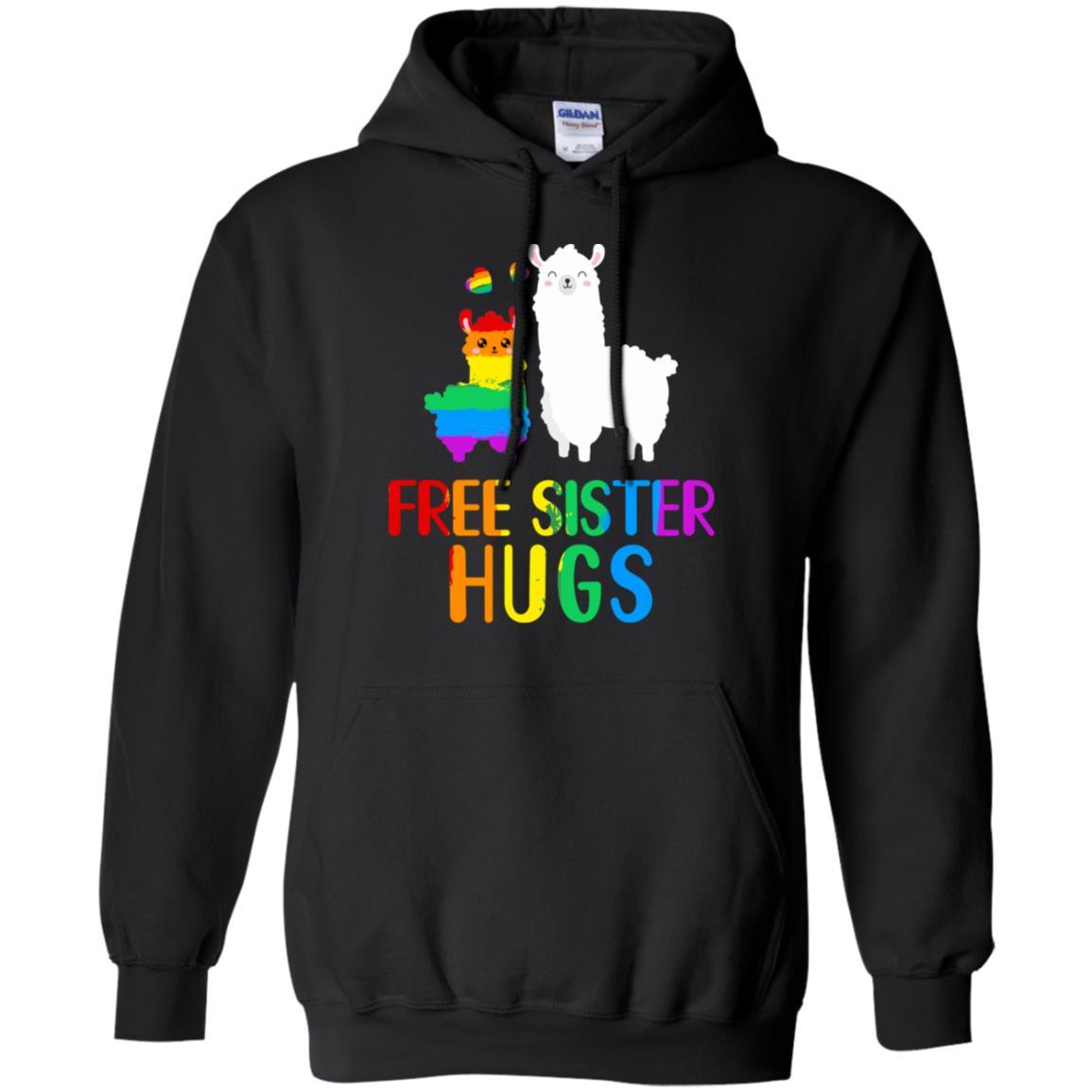 Free Sister Hugs Llama Rainbow Heart LGBT Pride Month-T-Shirt & Hoodie-Pullover Hoodie-Black