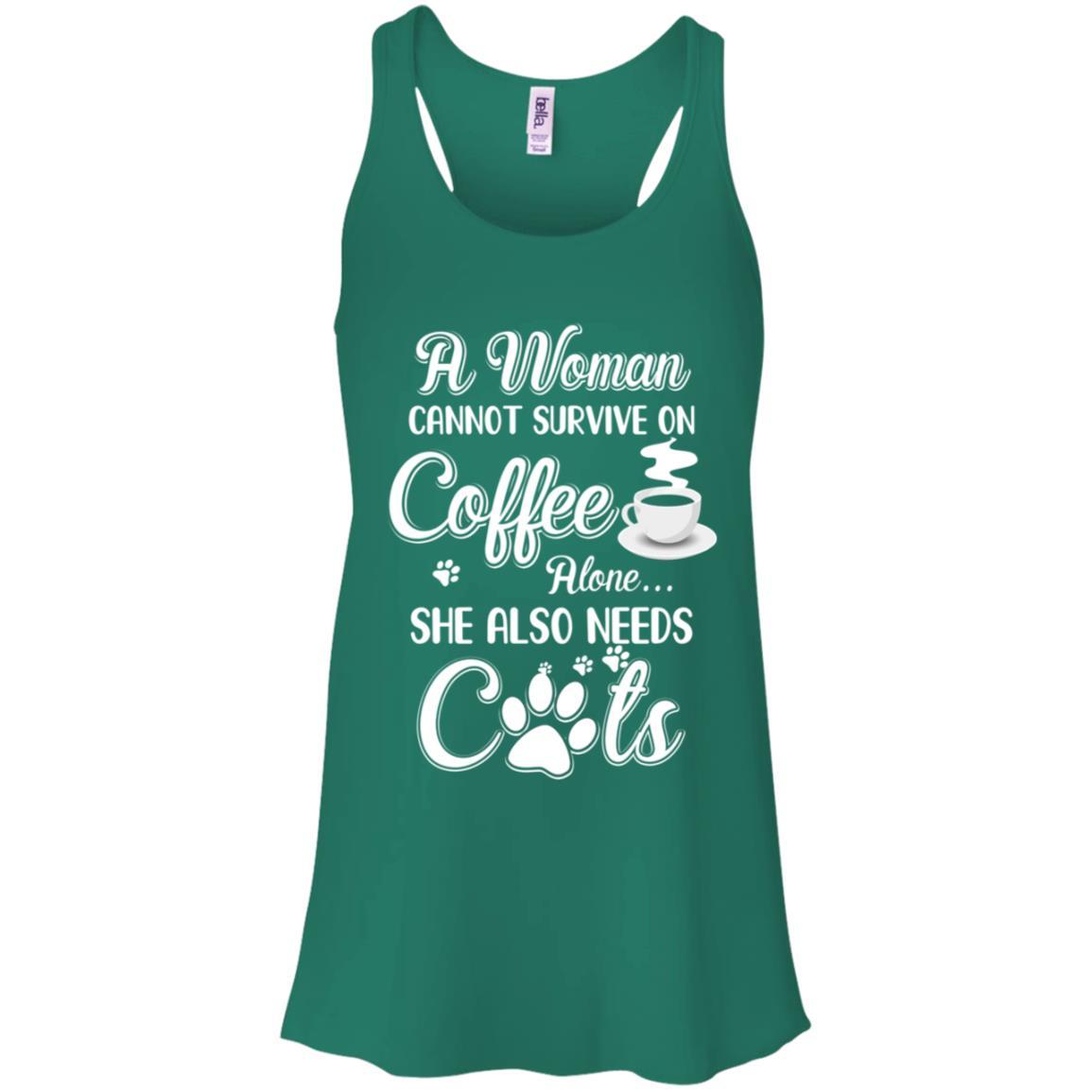 A Woman Cannot Survive On Coffee Alone She Also Needs Cats-T-Shirt & Tank Top-Women's Flowy Racerback Tank-Kelly Green