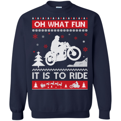 Motorcycle Sweater Christmas Oh What Fun It Is To Ride-T-Shirt & Hoodie-Crewneck Sweatshirt-Navy