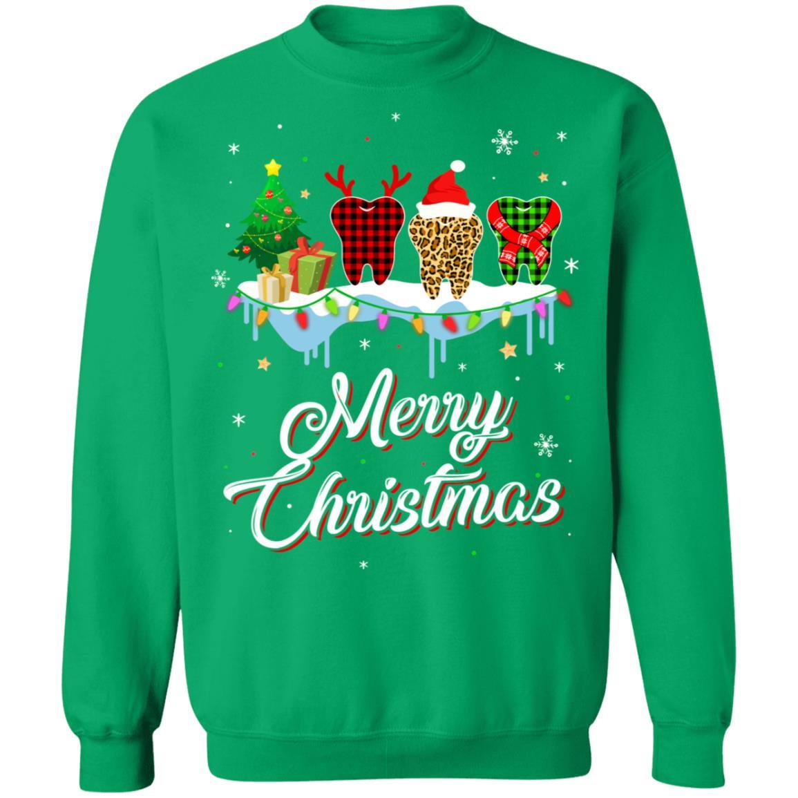 Merry Christmas Dental Assistant Tooth Red Plaid Xmas Gift-T-Shirt & Sweatshirt-Crewneck Sweatshirt-Irish Green