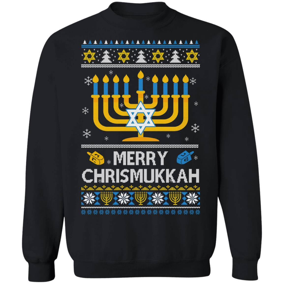 Merry Chrismukkah Xmas Hanukkah Ugly Christmas Sweater-T-Shirt & Sweatshirt-Crewneck Sweatshirt-Black