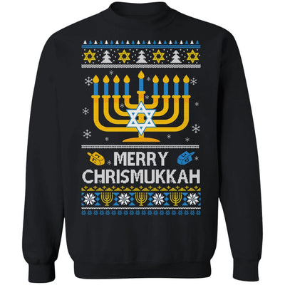 Merry Chrismukkah Xmas Hanukkah Ugly Christmas Sweater-T-Shirt & Sweatshirt-Crewneck Sweatshirt-Black