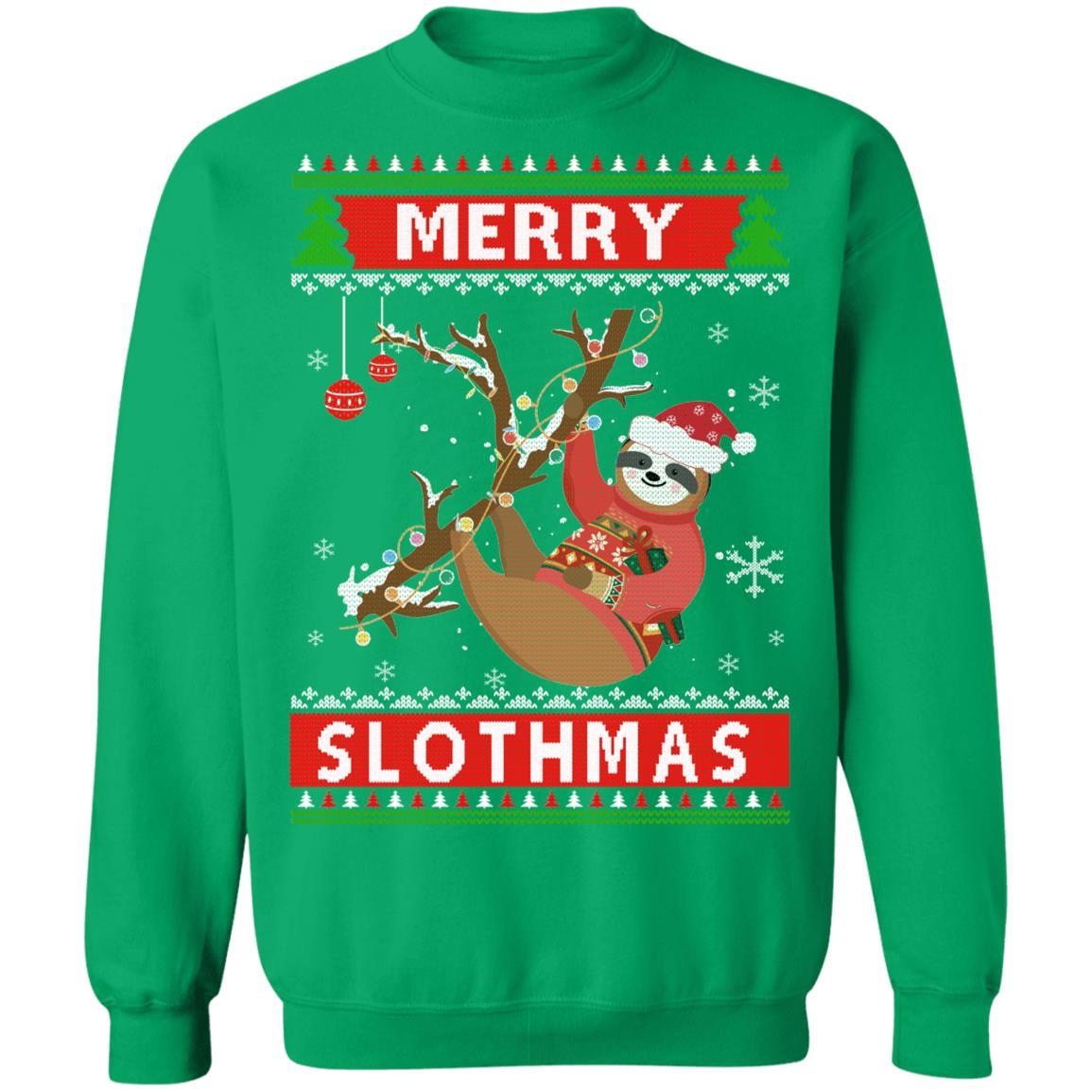 Merry Slothmas Christmas Pajama Sloth Lovers Ugly Sweater-T-Shirt & Sweatshirt-Crewneck Sweatshirt-Irish Green