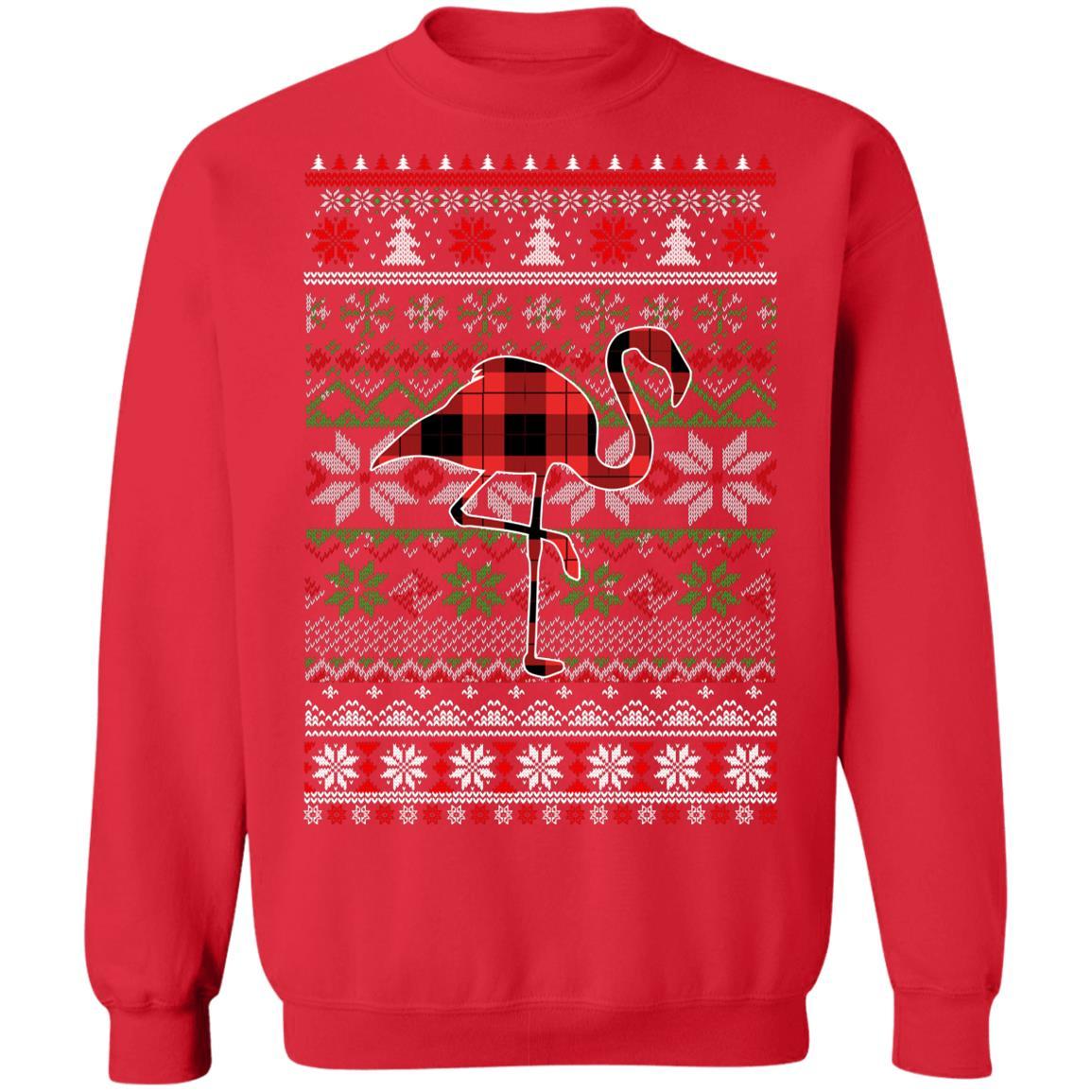 Flamingo Red Plaid Ugly Christmas Sweater Funny Gifts-T-Shirt & Sweatshirt-Crewneck Sweatshirt-Red