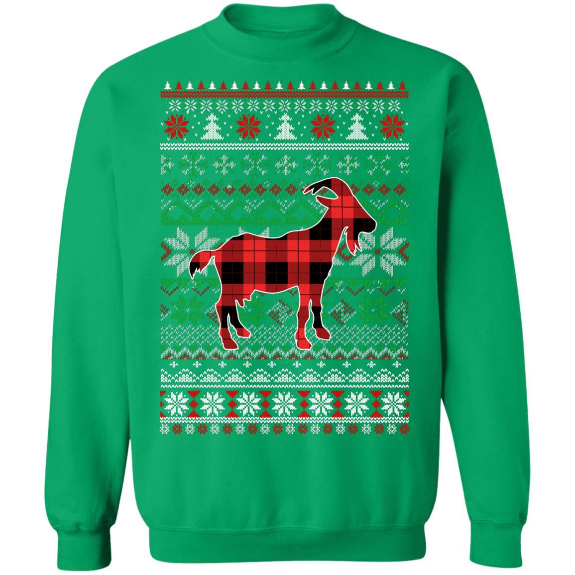 Goat Red Plaid Ugly Christmas Sweater Funny Gifts-T-Shirt & Sweatshirt-Crewneck Sweatshirt-Irish Green