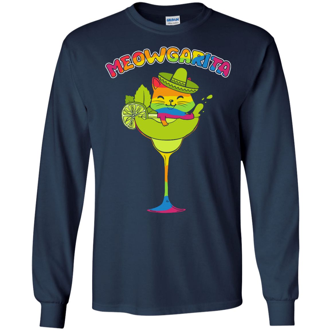 Rainbow Meowgarita Margarita Cat Lover-T-Shirt & Hoodie-Long Sleeve T-Shirt-Navy