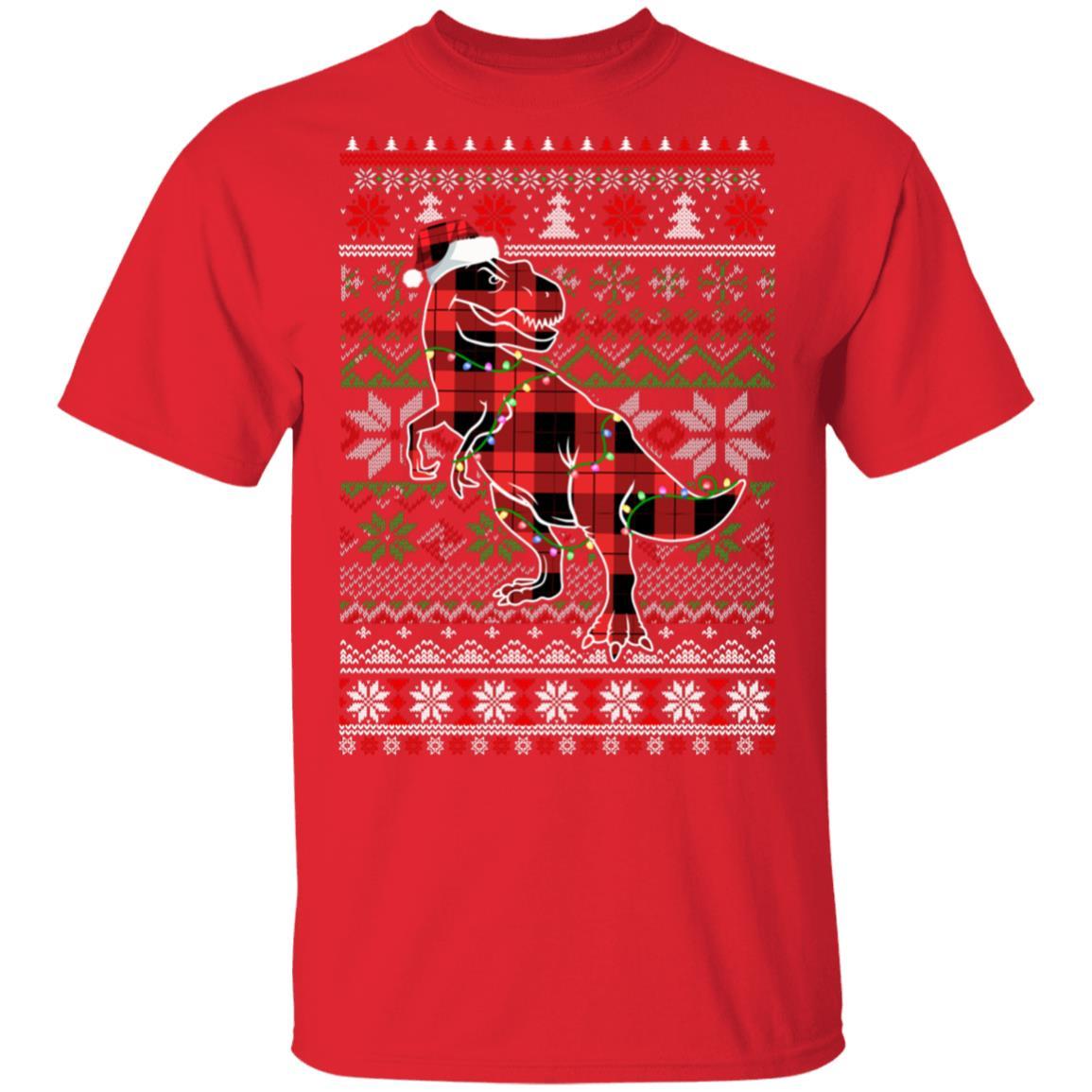 Red Plaid Buffalo T Rex Dinosaur Pajamas Christmas Sweater-T-Shirt & Sweatshirt-Classic T-Shirt-Red