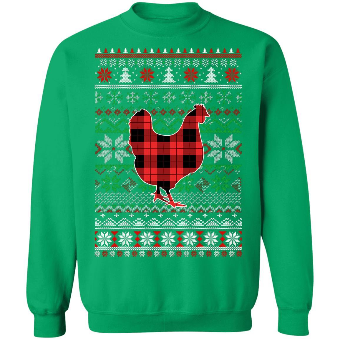 Chicken Red Plaid Ugly Christmas Sweater Funny Gifts-T-Shirt & Sweatshirt-Crewneck Sweatshirt-Irish Green