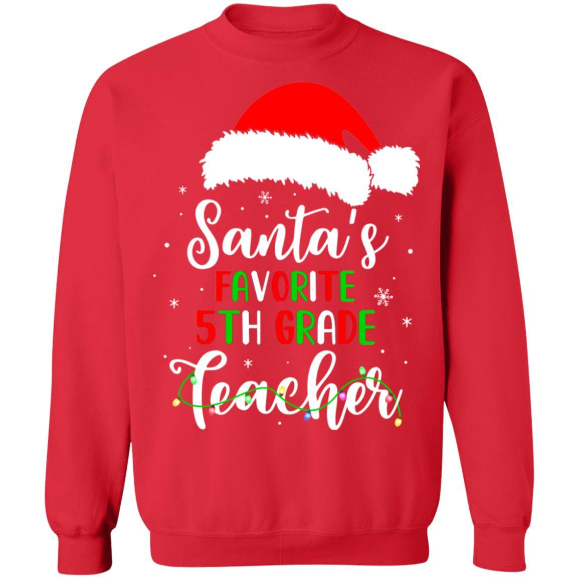 Santa's Favorite 5th Grade Teacher Santa Hat Christmas Light-T-Shirt & Sweatshirt-Crewneck Sweatshirt-Red