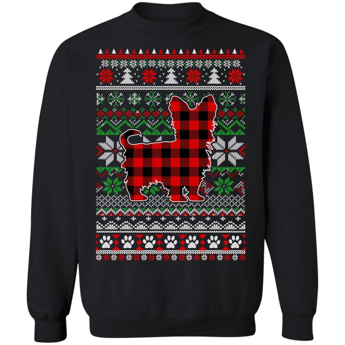 Yorkie Red Plaid Ugly Christmas Sweater Gifts-T-Shirt & Sweatshirt-Crewneck Sweatshirt-Black