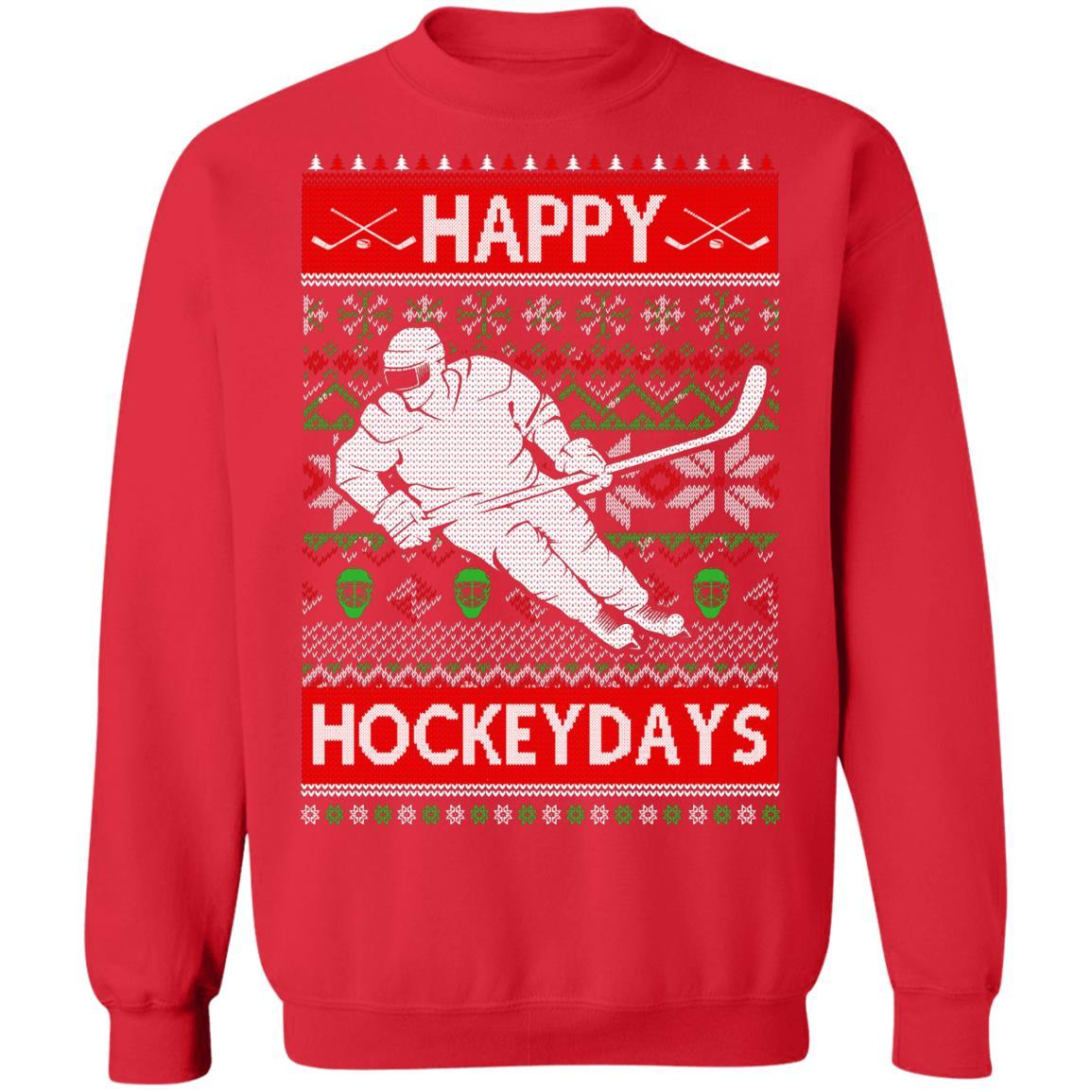 Happy Hockeydays Ice Hockey Christmas Ugly Xmas Pajamas-T-Shirt & Sweatshirt-Crewneck Sweatshirt-Red