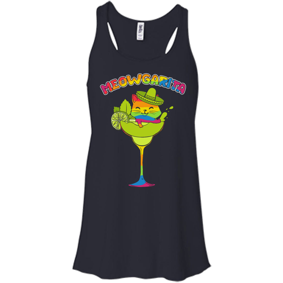 Rainbow Meowgarita Margarita Cat Lover-T-Shirt & Hoodie-Women's Flowy Racerback Tank-Midnight