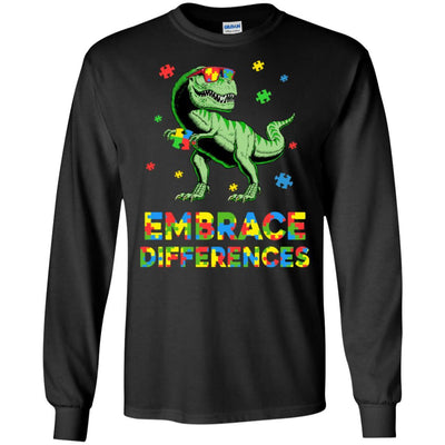 Dinosaur Puzzle Autism Awareness Embrace Differences-T-Shirt & Hoodie-Long Sleeve T-Shirt-Black
