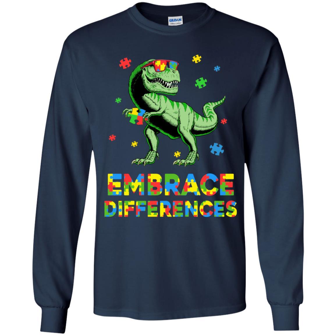Dinosaur Puzzle Autism Awareness Embrace Differences Youth-Youth Shirt-Youth Long Sleeve T-Shirt-Navy