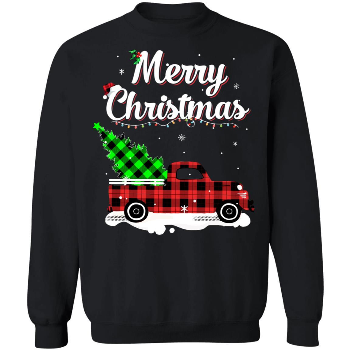Red Truck Christmas Buffalo Plaid Merry Christmas-T-Shirt & Sweatshirt-Crewneck Sweatshirt-Black