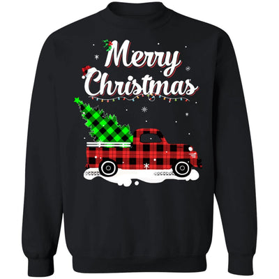 Red Truck Christmas Buffalo Plaid Merry Christmas-T-Shirt & Sweatshirt-Crewneck Sweatshirt-Black