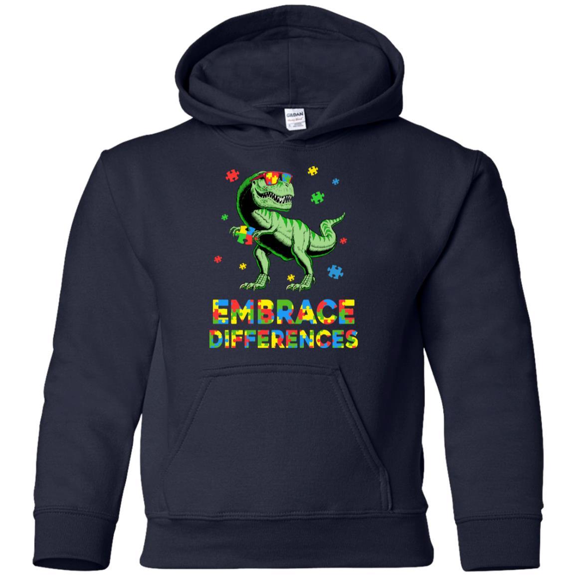 Dinosaur Puzzle Autism Awareness Embrace Differences Youth-Youth Shirt-Youth Pullover Hoodie-Navy