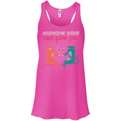 Drinking Wine Feline Fine-T-Shirt & Hoodie-Bella+Canvas Flowy Racerback Tank-Neon Pink