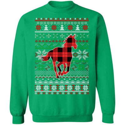 Horse Red Plaid Ugly Christmas Sweater Funny Gifts-T-Shirt & Sweatshirt-Crewneck Sweatshirt-Irish Green