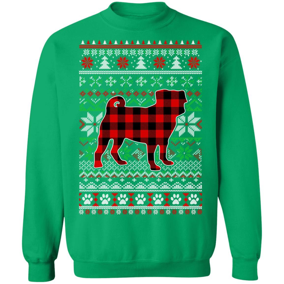 Pug Red Plaid Ugly Christmas Sweater Gifts-T-Shirt & Sweatshirt-Crewneck Sweatshirt-Irish Green