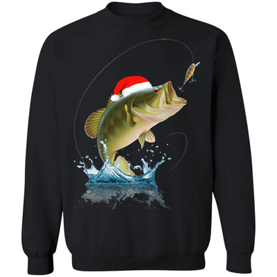 Funny Bass Fishing Santa Hat Christmas Pajama Fisherman Gift-T-Shirt & Sweatshirt-Crewneck Sweatshirt-Black