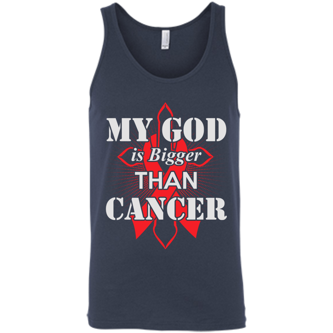 My God Is Bigger Than Cancer Red Awareness Ribbon-T-Shirt & Hoodie-Unisex Tank-Navy