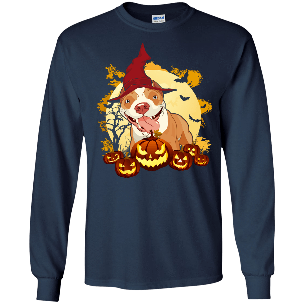 Pitbull Halloween Pumpkin-T-Shirt & Hoodie-Long Sleeve T-Shirt-Navy