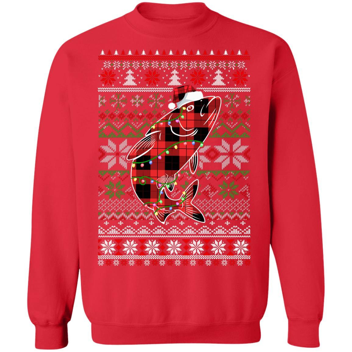 Red Plaid Buffalo Fish Pajamas Family Christmas Sweater-T-Shirt & Sweatshirt-Crewneck Sweatshirt-Red