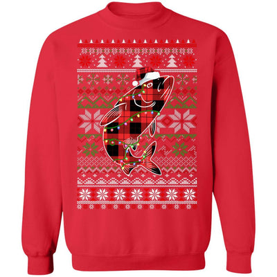 Red Plaid Buffalo Fish Pajamas Family Christmas Sweater-T-Shirt & Sweatshirt-Crewneck Sweatshirt-Red
