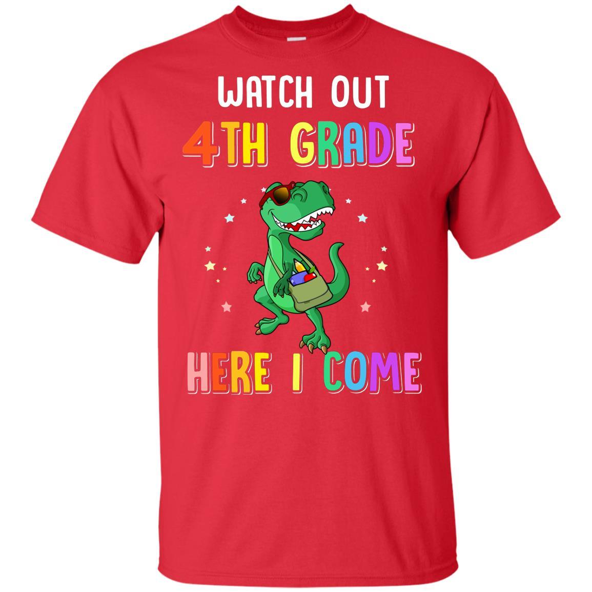 4th Grade Here I Come Dinosaur Back To School Youth-Youth Shirt-Youth T-Shirt-Red