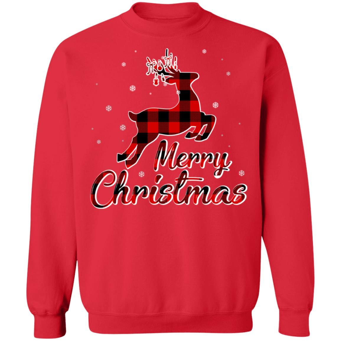 Merry Christmas Buffalo Plaid Xmas Reindeer Gift-T-Shirt & Sweatshirt-Crewneck Sweatshirt-Red