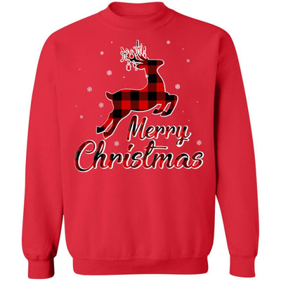 Merry Christmas Buffalo Plaid Xmas Reindeer Gift-T-Shirt & Sweatshirt-Crewneck Sweatshirt-Red
