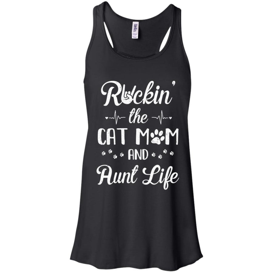 Rockin The Cat Mom Aunt Life Cat Lovers Mothers Day-T-Shirt & Tank Top-Women's Flowy Racerback Tank-Black