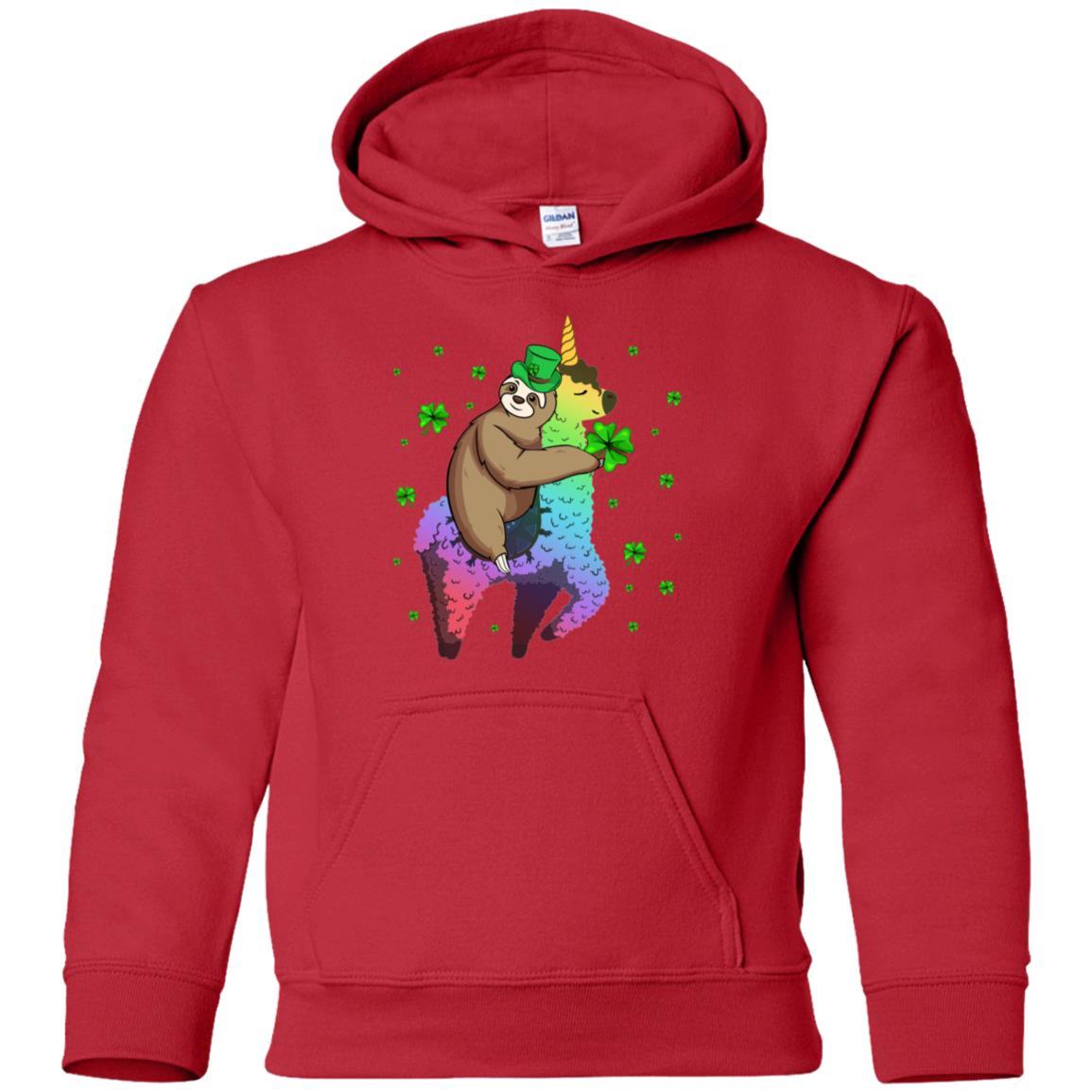 Leprechaun Sloth Riding Llama Unicorn St Patricks Day Youth-Youth Shirt-Youth Pullover Hoodie-Red