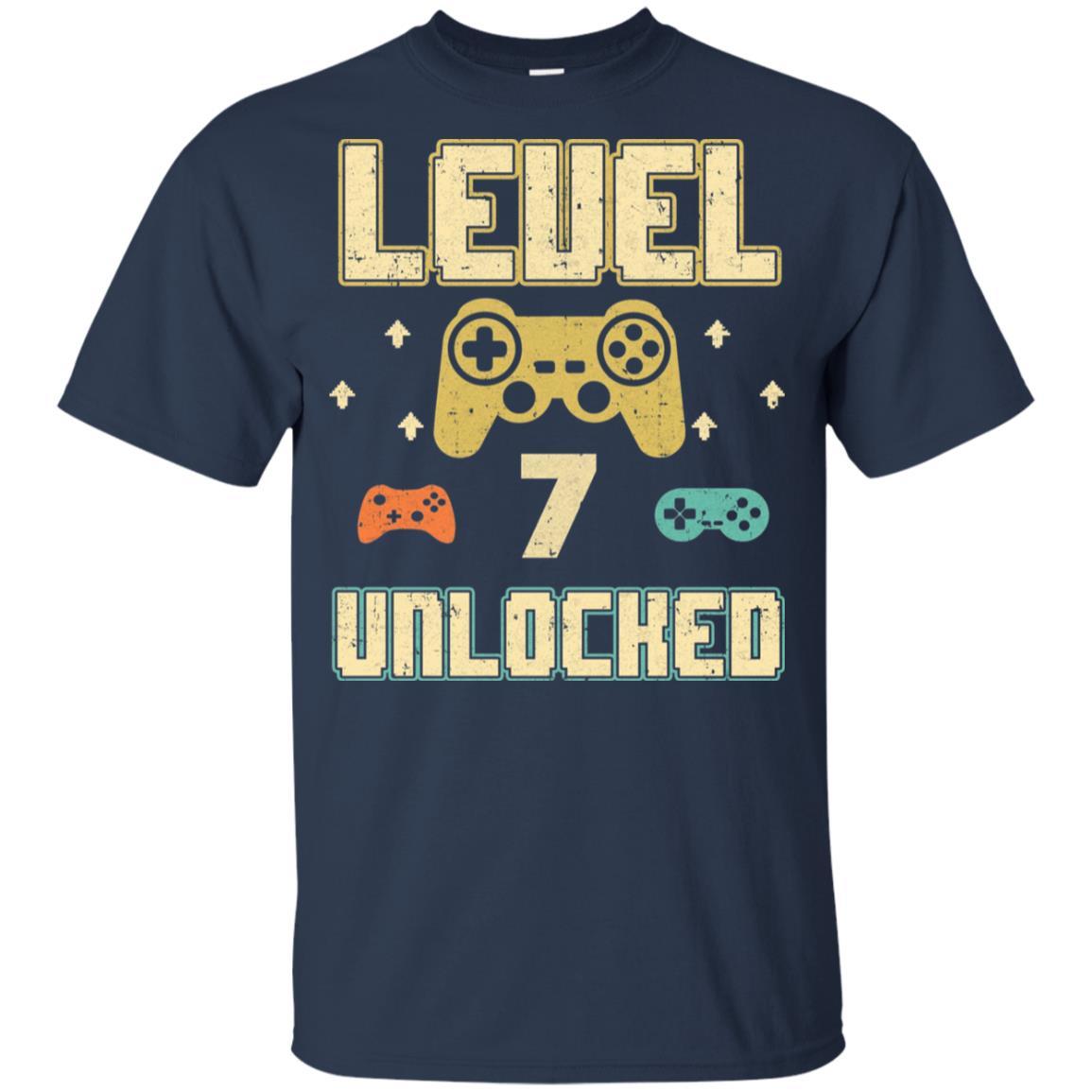 Level 7 Unlocked Video Gamer 7th Birthday Gift Youth-Youth Shirt-Youth T-Shirt-Navy