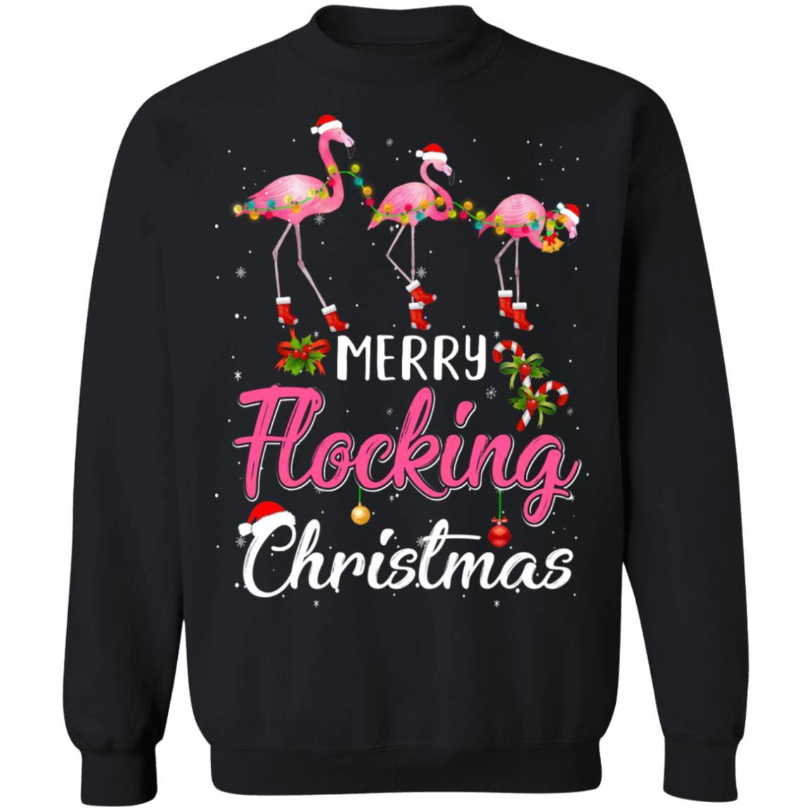 Merry Flocking Christmas Gift For Flamingo Lovers-T-Shirt & Sweatshirt-Crewneck Sweatshirt-Black